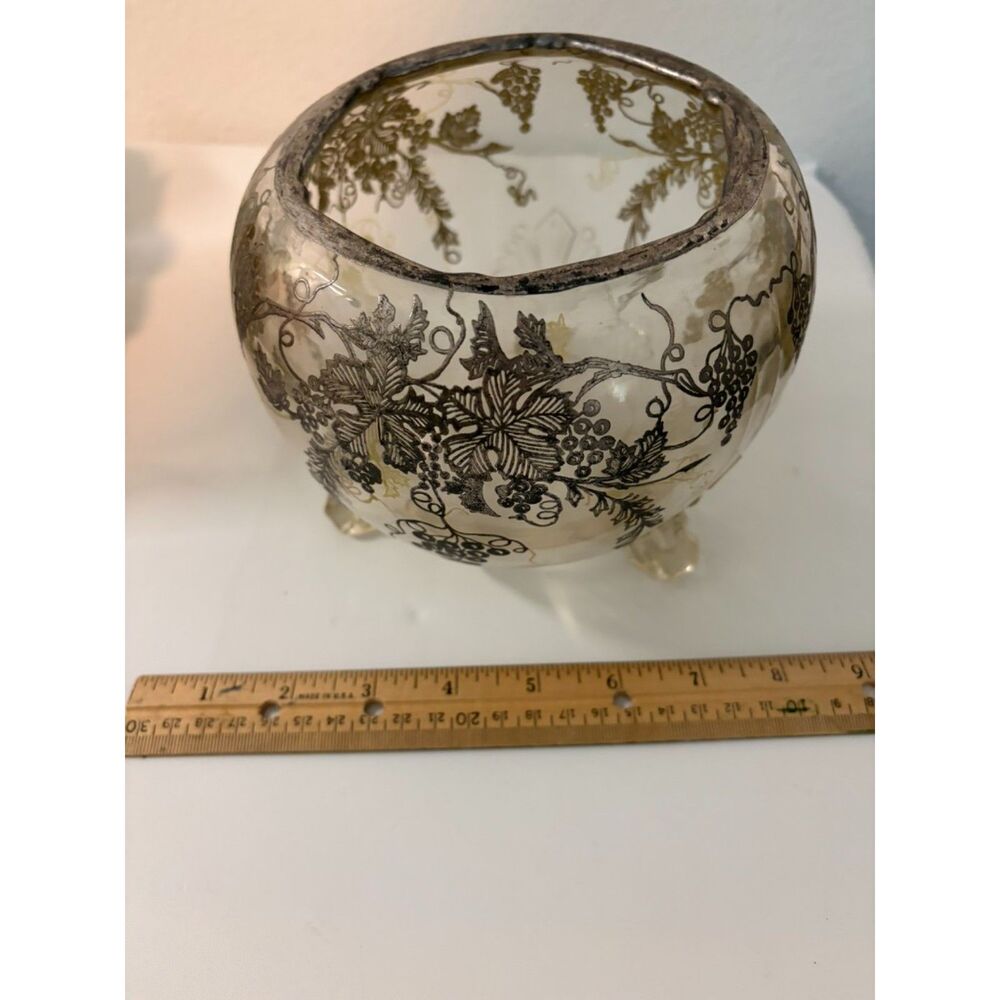 vtg. three footed crystal bowl with sterling silver grape overlay